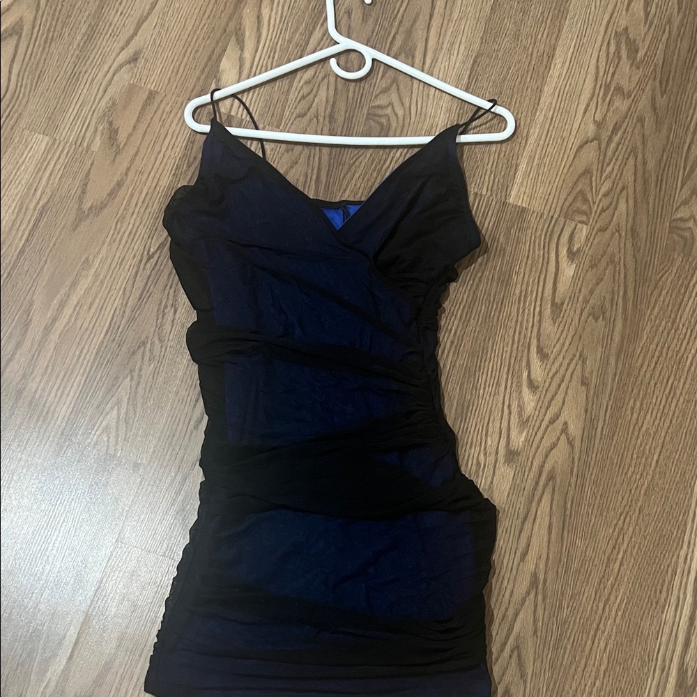 Ruched Black & Royal Blue Spaghetti Strap Dress